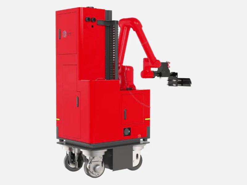 Robot RS-P2 rouge sur roues, avec colonne de levage et bras articulé portant la tête d'outil
