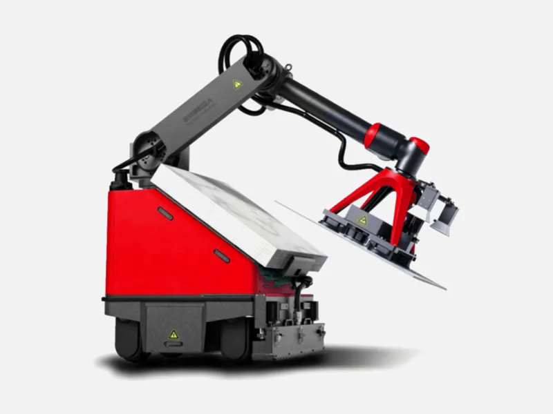 Robot RS-T1 : châssis mobile rouge et bras articulé tenant une dalle de sol